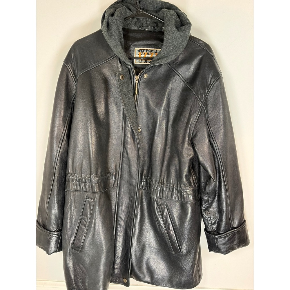 IZZI Women Black Genuine Leather Hooded Parka Jacket Coat Size Small Vintage